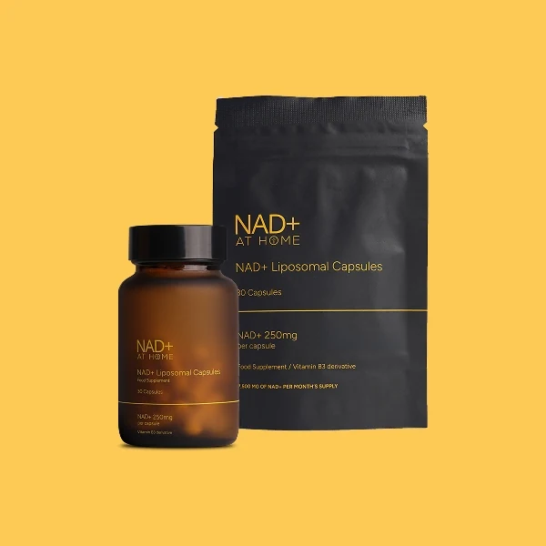 60-day supply of liposomal NAD+ capsules with a reusable supplement bottle and refill pouch.