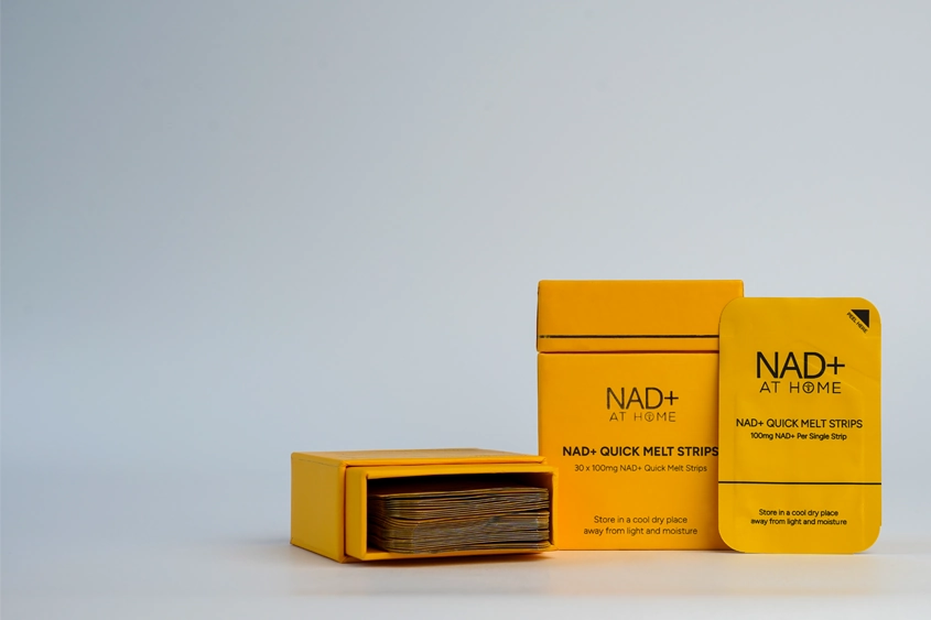 NAD+ supplements with Quick Melt Strips and individual strip packaging