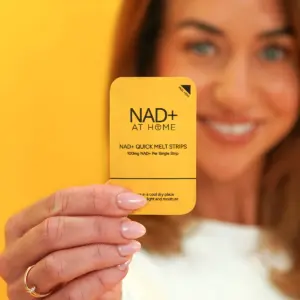 Close-up of a NAD+ Quick Melt Strips sachet, 100mg NAD+ per strip